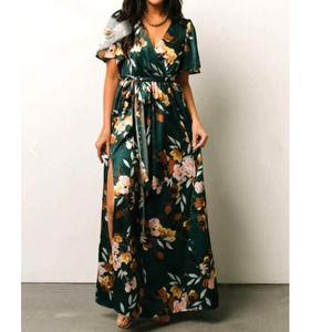 Baltic Born NEW Sicily Satin Maxi Dress Womens Large Green Floral Belted